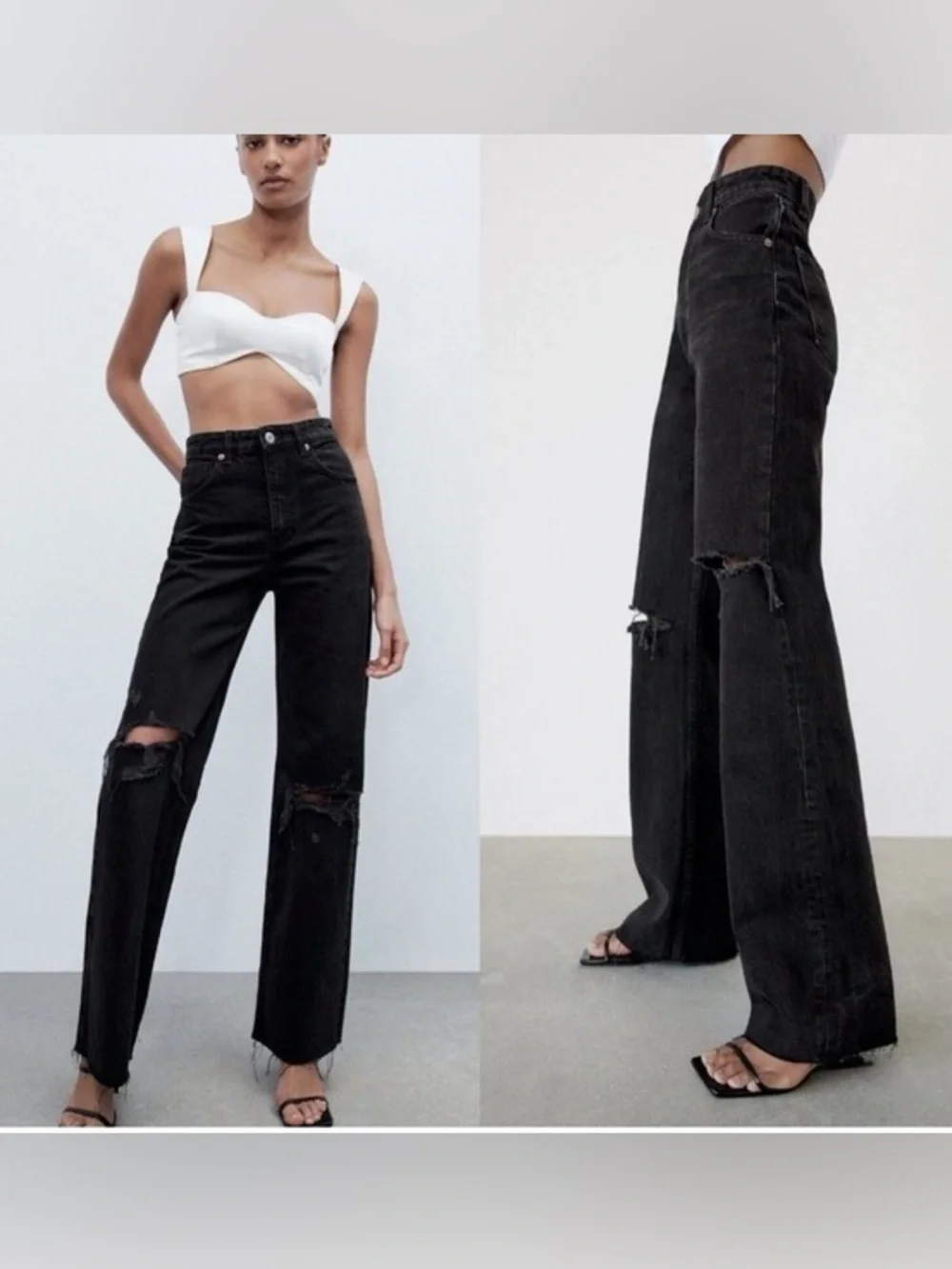 NWT Zara Black Wide Leg Distressed Jeans with Raw Hem Size 2 Tall